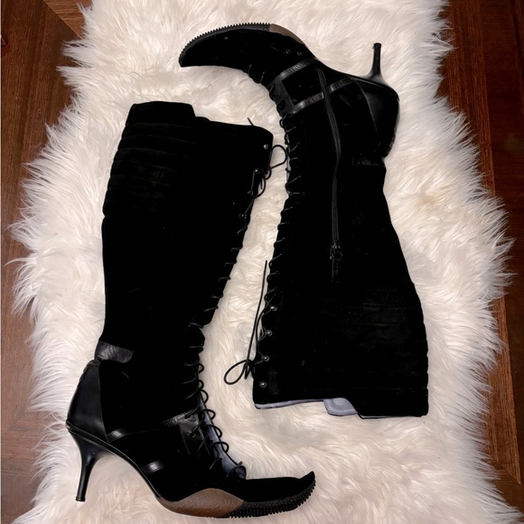 Bally Italy Tesla Black Suede Leather Lace up Heel Women's Boots Size 40 - Picture 1 of 9